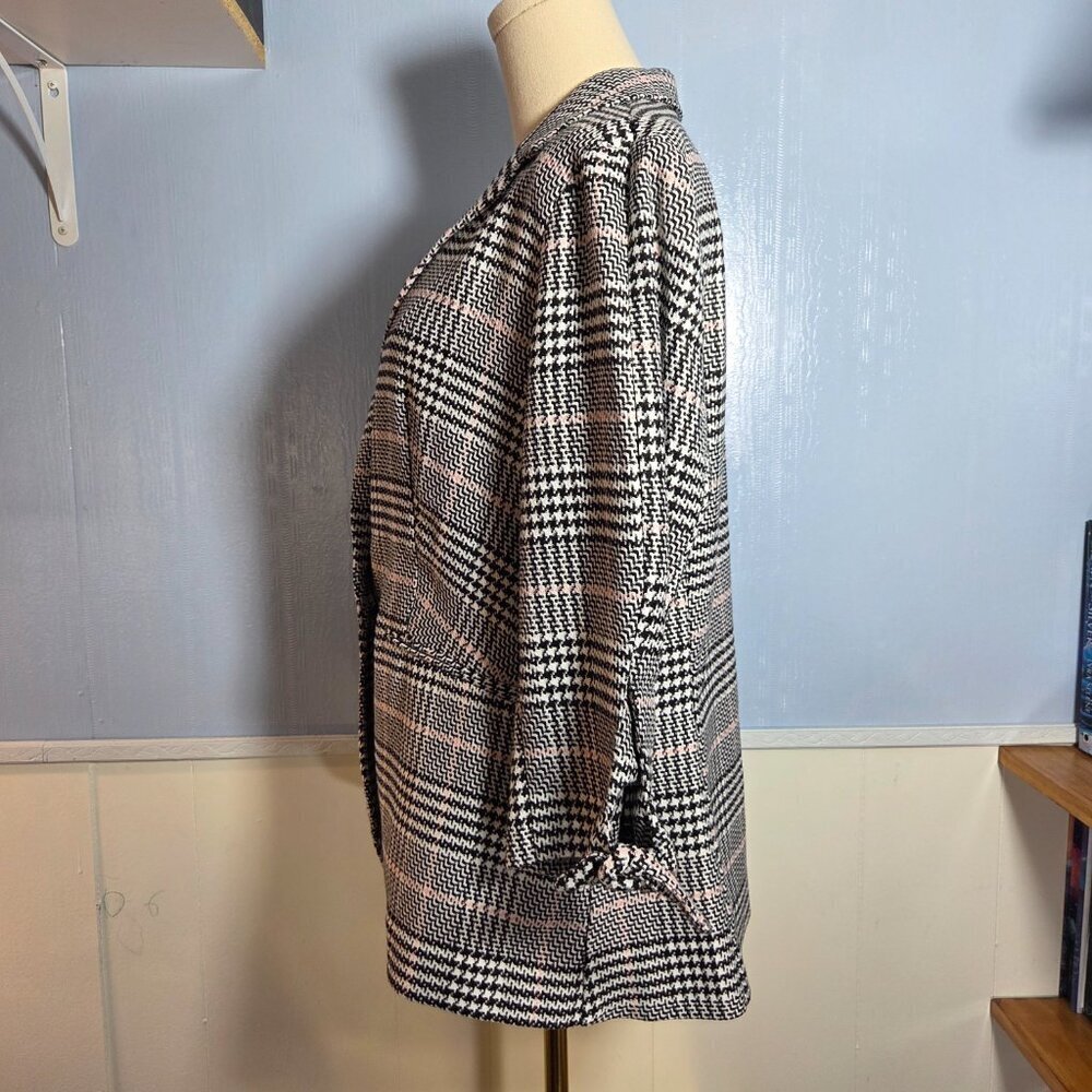Elle Large Baby Pink Black Tweed Single Button 3/4 Sleeve Lightweight Jacket - Picture 3 of 10